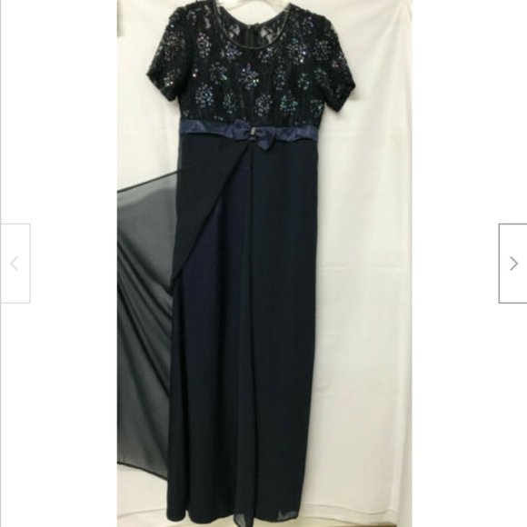 Navy Blue Short Sleeve Sequin Gown w/ Skirt Overlay MOB Prom Long Evening Dress - Picture 1 of 7